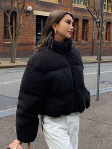 DAZY 亮片领宽松抽绳女士棉服外套冬季夹克 - 黑色 - 查看 8