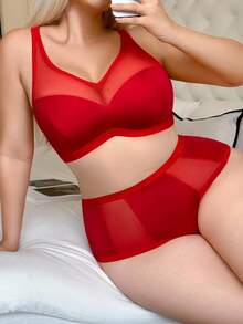 SHEIN 2PCS Casual Comfy Compression Bra And Panty Set In Plain Red Mesh Design Red Lingerie Set Red Bra And Panty Set Lingerie Set Red Red Underwear Set - Red - View 3