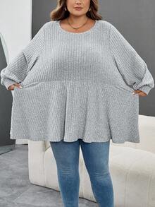 SHEIN CURVE+ Große Größen Lässig einfarbiges Laternenhülse T-Shirt, Herbst/Winter Kleidung für Frauen, CURVE PLUS - Grau - Übersicht 6