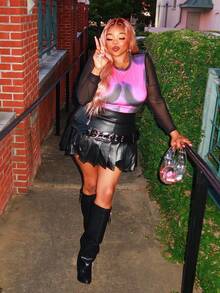 Enliva Obviously_ebony Plus Size Body Morph Figure Graphic Contrast Mesh Teenew Party Outfit Sexy Outfit Sexy Outfits Club Long Sleeve Birthday Outfit Valentine Day Bachelorette Party Spring Women Clothes, For Apple Rounded Body Shape