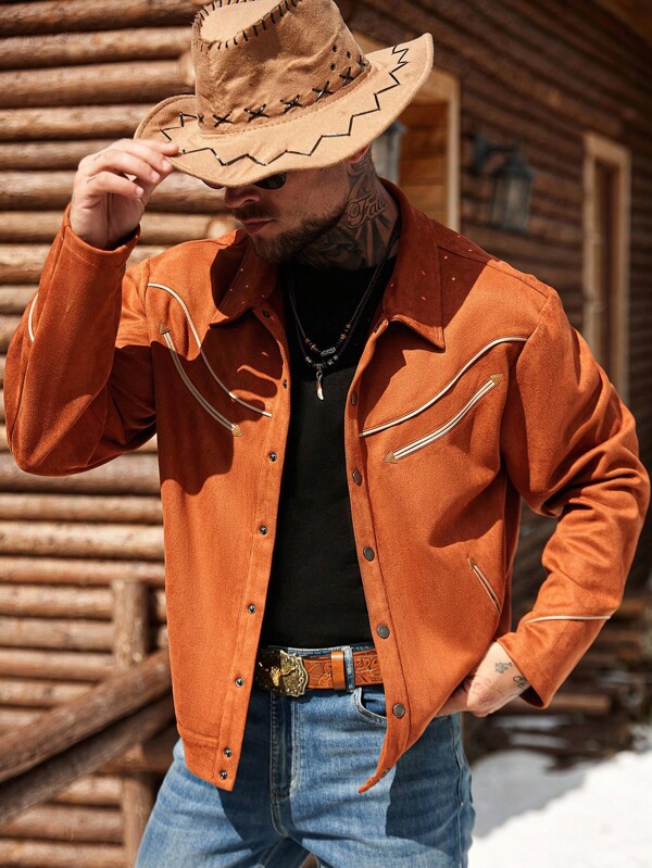 Manfinity Nomadique Chaqueta de ante retro de moda para hombre, chaqueta estilo western de color marrón-rojo, otoño