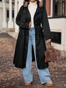 Vionelle Plus Size Women Hooded Patchwork Faux Fur Cinched Waist Flap Pocket Long Sleeve Jacket, Spring/Autumn Fall Winter Cloth For Women