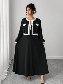 Elenzga بدلة سيدة أنيقة للتنقل مكونة من جاكيت قصير بأكمام طويلة مع تريم متباين وفستان منزلق مقاس كبير للسيدات، مجموعة من قطعتين - الأسود - مشاهدة 4