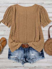 SHEIN VCAY Plus Size Solid Color Square Neck Casual Versatile Short Sleeve Shirt, Summer - Mocha Brown - View 2