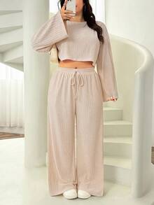 Solflare Conjunto de 2 piezas para mujer talla grande, top de manga larga de cuello redondo y pantalones de unicolor, para otoño/invierno - Albaricoque - Ver 3