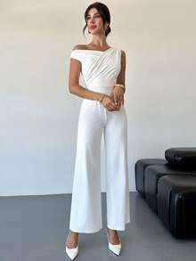 Firerie Women's Elegant Minimalist Chic Fashion Sexy Daily Commute Music Festival Vacation Asymmetric Neck Draped White Straight Jumpsuit, Spring/Summer - White - View 3