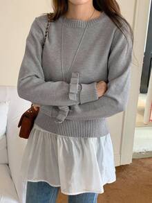 Livesso Solid Color Fitted Long Sleeve Bow Crew Neck Casual Sweater For Women, Autumn - Grey - View 7