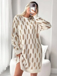 SHEIN Tall Tall Size Elegant Winter Gold Lurex Shining Jacquard Mini Sweater Dress,Dresses For Women,Jumpers For Women Leopard Print Cheetah Print - Apricot - View 6