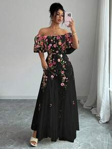 Lyxana Women's Elegant Floral Mesh Fitted A-Line Maxi Dress - Black - View 1