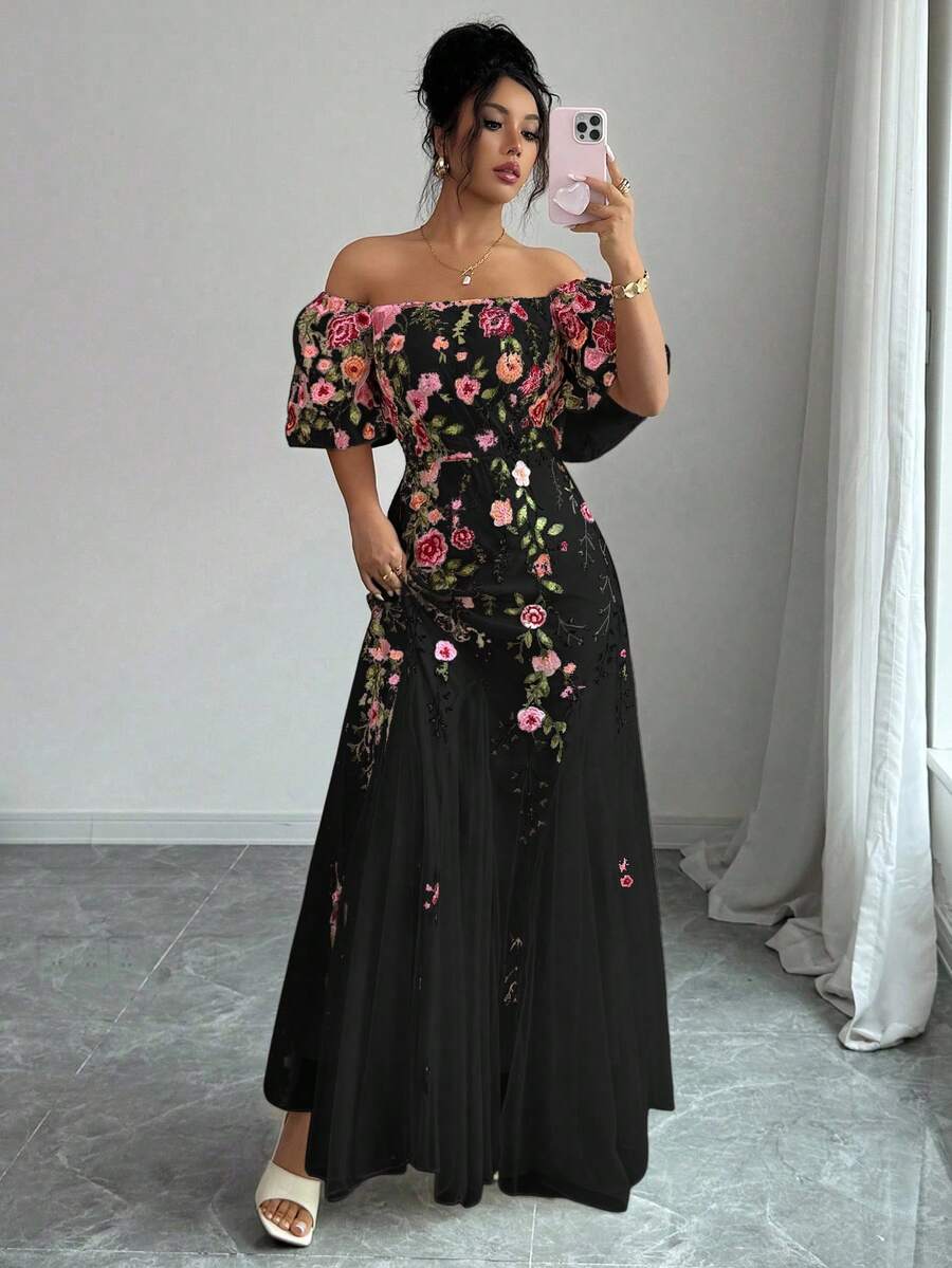 Lyxana Women's Elegant Floral Mesh Fitted A-Line Maxi Dress - Black - View 1