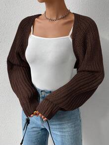 SHEIN EZwear Áo khoác cardigan dệt kim gân màu nâu thời trang nữ tay raglan (không bao gồm áo hai dây), Thu/Đông - màu nâu - Xem 3