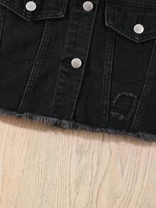 Sparklyn Tween Girl Y2K 可爱粉色休闲做旧短款夹克和松紧腰牛仔迷你裙两件套 - 深灰色 - 查看 7