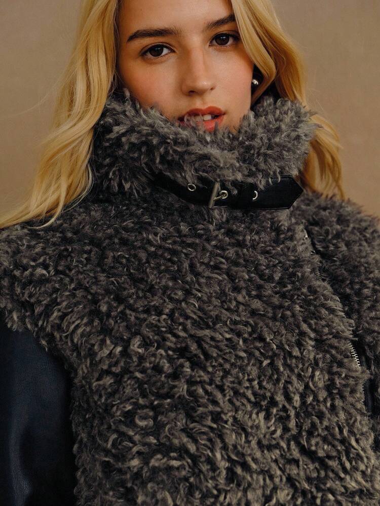 ELEGANT FAUX FUR COLLAR PATCHWORK SHORT JACKET, AUTUMN/WINTER