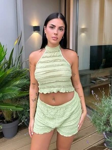 Lucia Bellido Women's Green Casual Round Neck Halter Tank Top And Loose Shorts Two-Piece Set, Spring/Summer - Green - View 5