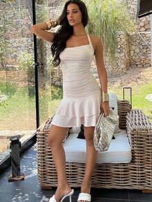Ronhire New Hanging Necklace Spiral Gold Jewelry Design Waisted Slimming Tiered Mini Dress For Women - Apricot - View 6