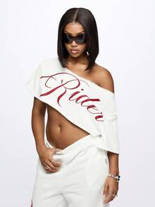 SUMWON WOMEN 露肩破洞骑士 T 恤天使图案印花短款上衣磨损毛边节日宣言时尚街头时尚 - 白色 - 查看 5