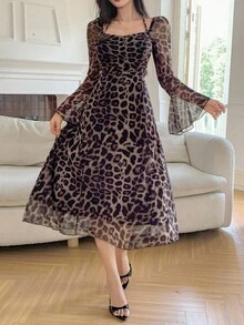 DAZY 优雅豹纹单肩喇叭袖连衣裙，女士秋季连衣裙 - 咖啡棕 - 查看 7