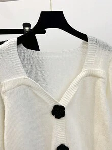 Franclia Setelan 2 potong warna teh, sweater rajut pendek leher persegi yang manis dan celana rajut lebar serbaguna, Musim Gugur - Hitam dan Putih - View 5