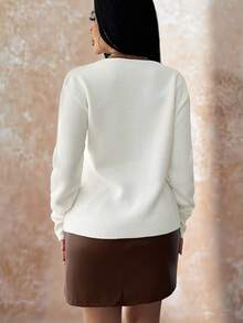 EURMUSE WOMEN ELEGANT WHITE KNIT CARDIGAN – GOLD BUTTON DETAIl - White - View 2