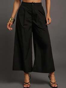 Vixey 纯色梭织褶裥斜插口袋阔腿七分裤，商务休闲，办公 - 黑色 - 查看 1