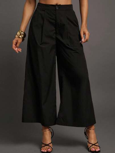 Vixey 纯色梭织褶裥斜插口袋阔腿七分裤，商务休闲，办公