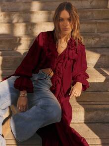 Aralina Winter Long Sleeved Ruffled Front Full Length Maxi Boho Cardigan Dress - Burgundy - View 4