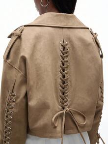 Aveloria GENKIRA Chaqueta corta de estilo motero de mujer con diseño de cordones en estilo vintage punk de PU - Caqui - Ver 2