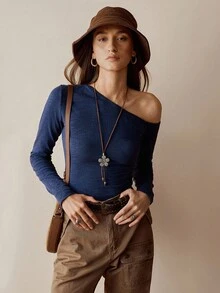 Chiquease Solid Color Fitted Casual Asymmetric Neckline One-Shoulder Long Sleeve T-Shirt - Royal Blue - View 5