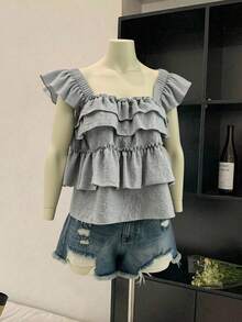 Franclia 女士纯色短袖荷叶边下摆休闲上衣，适合度假穿着 - 淺灰色 - 查看 1