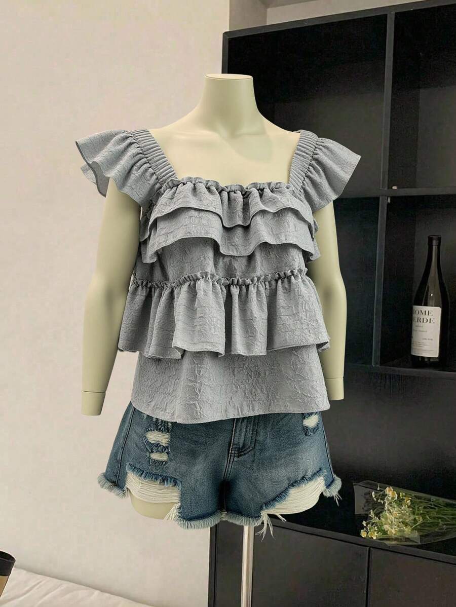 Franclia 女士纯色短袖荷叶边下摆休闲上衣，适合度假穿着 - 淺灰色 - 查看 1