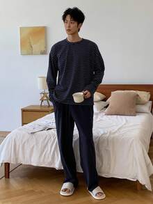 DAZY Navy Striped Top & Solid Color Elastic Waist Pants Men's Casual Pajama Set, Autumn, Fall Winter Clothes