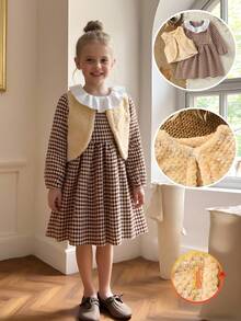 SHEIN Young Girl's Fashionable And Adorable Dress With A Lotus Leaf Collar, Long Sleeves, And Retro Plaid Pattern, Paired With Plush Vest. The Retro Plaid Paired With The Warm Plush Makes This Young Girl's Fall Overall Dress Perfect For 4 To 7-Year-Old Girls To Wear Outdoors Winter