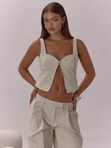 MUSERA Button Front Sweetheart Neck Thick Strap Split Front Detail Crop Top Classy Sexy Night Out Occasion Vacation Autumn Layered Winter Fall