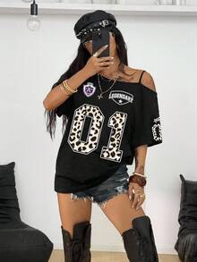 Coolane Áo thun rộng hở vai họa tiết da báo và huy hiệu số 01 phong cách đường phố cổ điển, gợi cảm dành cho nữ, phù hợp cho mùa hè - Nhiều màu - Xem 3