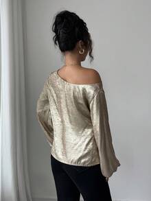 Selianne Women's Metallic Shoulder Ruched Lantern Sleeve Fashion Blouse - Gold - View 2