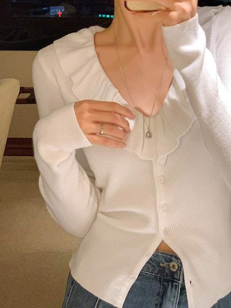 French Sweet V-Neck Tie Waist Slim Fit Long Sleeve Ruffled Hem Sweater For Women Fall