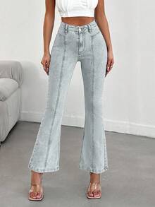 EURMUSE 98%纯棉高腰修身休闲喇叭裤 - 淺色水洗藍 - 查看 5