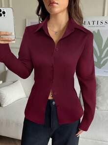 SHEIN EZwear Vinröd skjorta med långärmad dragsko och knapp framtill för dam, höst/vinter, eleganta blusar för dam - Bourgogne - Visa 5