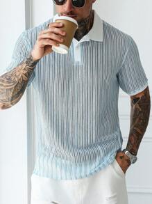 Manfinity Homme 男士优质纹理 Polo 衫，撞色领口，送给男朋友或丈夫的理想礼物，蓝白条纹，复古风格 - 淺藍色 - 查看 6