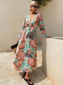 DAZY Women's Floral Bohemian Vacation Style Waist Cinched V-Neck Dress With Puff Sleeves, Spring/Summer Maxi Dress Boho - Multicolor - View 1