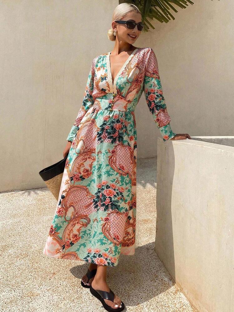Women's Floral Bohemian Vacation Style Waist Cinched V-Neck Dress With Puff Sleeves, Spring/Summer Maxi Dress Boho