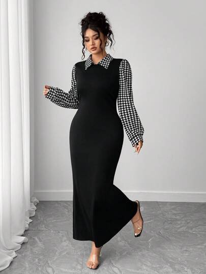 Elenzga 大码女式千鸟格拼接设计翻领腰带休闲优雅浪漫连衣裙