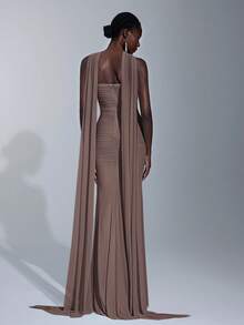 Elitara Elegant Luxurious Light Blue Elastic Mesh Boat Neck Full Ruffle Sequin Bridesmaid Dress