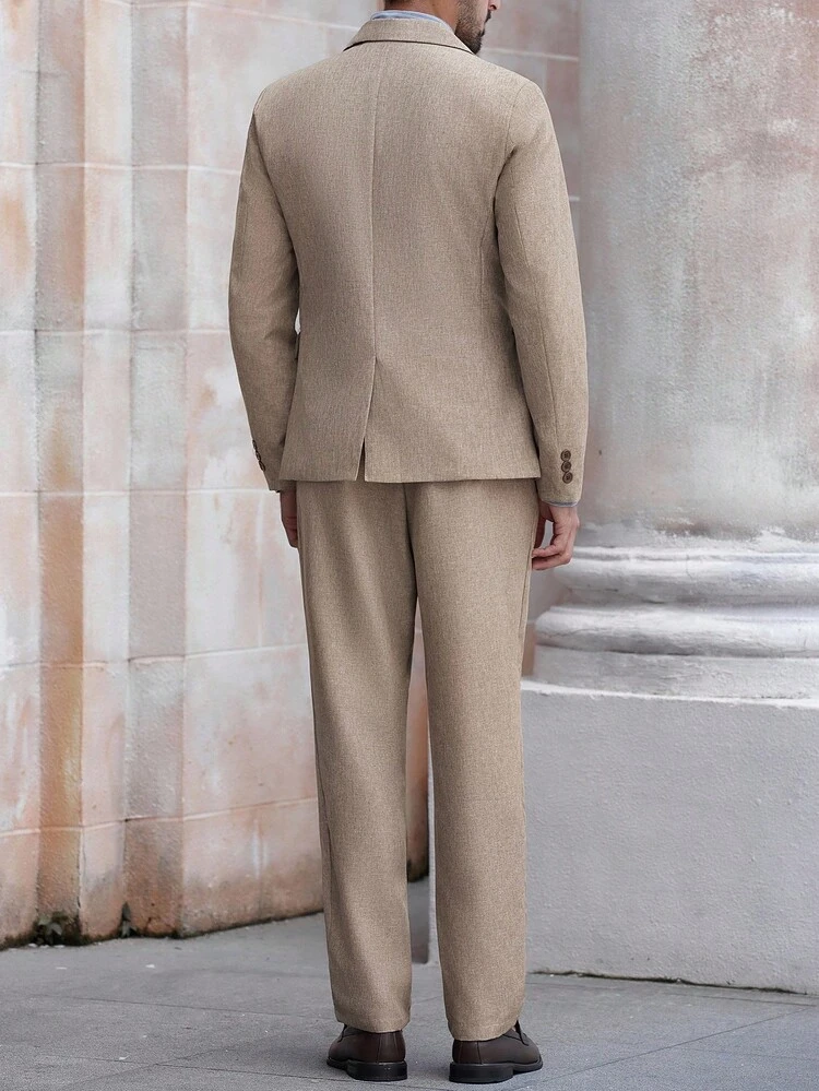 Manfinity Bizformal Conjunto de traje de negocios con cuello de solapa y botones delanteros para hombres en color caqui - Caqui - Añade 2