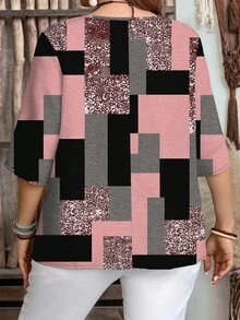 Mellowie Camisa de talla grande con estampado de bloques de color texturizado, adecuada para el verano