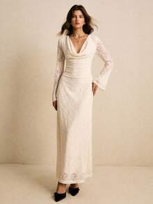 Poéselle 女士优雅通勤纯色提花垂坠领喇叭袖连衣裙 - 杏色 - 查看 3