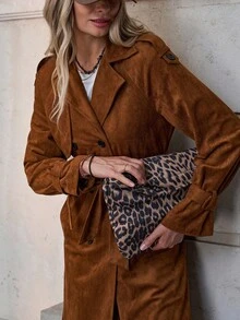 Solivie 女式秋季翻领长袖绒面革优雅风衣 - 卡其色 - 查看 6