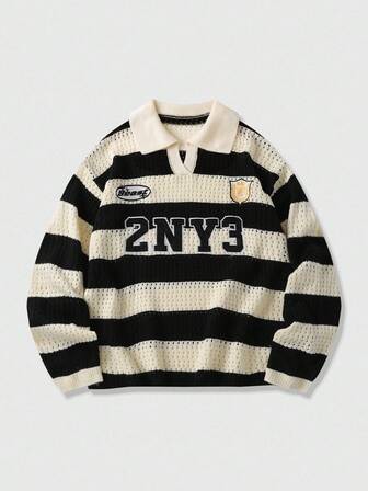 Prep Herren rosa gestreifter bestickter Pullover, geeignet für Valentinstag, Herbst und Winter