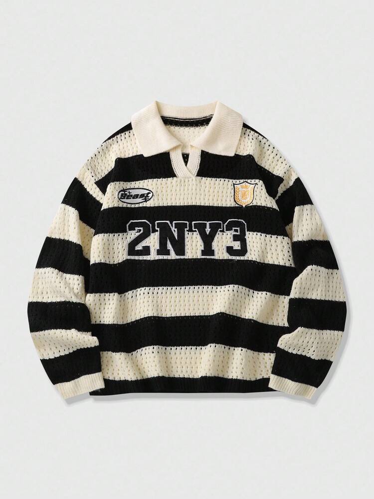 ROMWE MEN Prep Men's Striped Letter Embroidered Sweater, Suitable For Valentine's Day, Fall Winter, Long Sleeve Top - Black - View 1