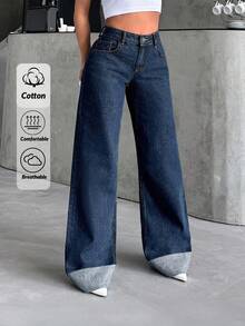 SHEIN PETITE HIGH WAIST100%Cotton Rolled Up Wide Leg Jeans - Medium Wash - View 1